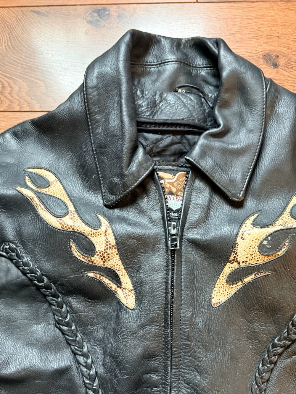 Men's Black Leather Fringe Jacket with Snake Flame Accents - Picture 4 of 13